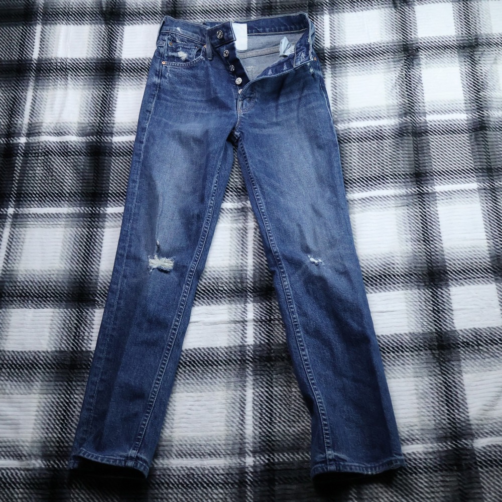 Mother Superior Distressed Straight Leg Jeans Blue Button Fly High Rise 27